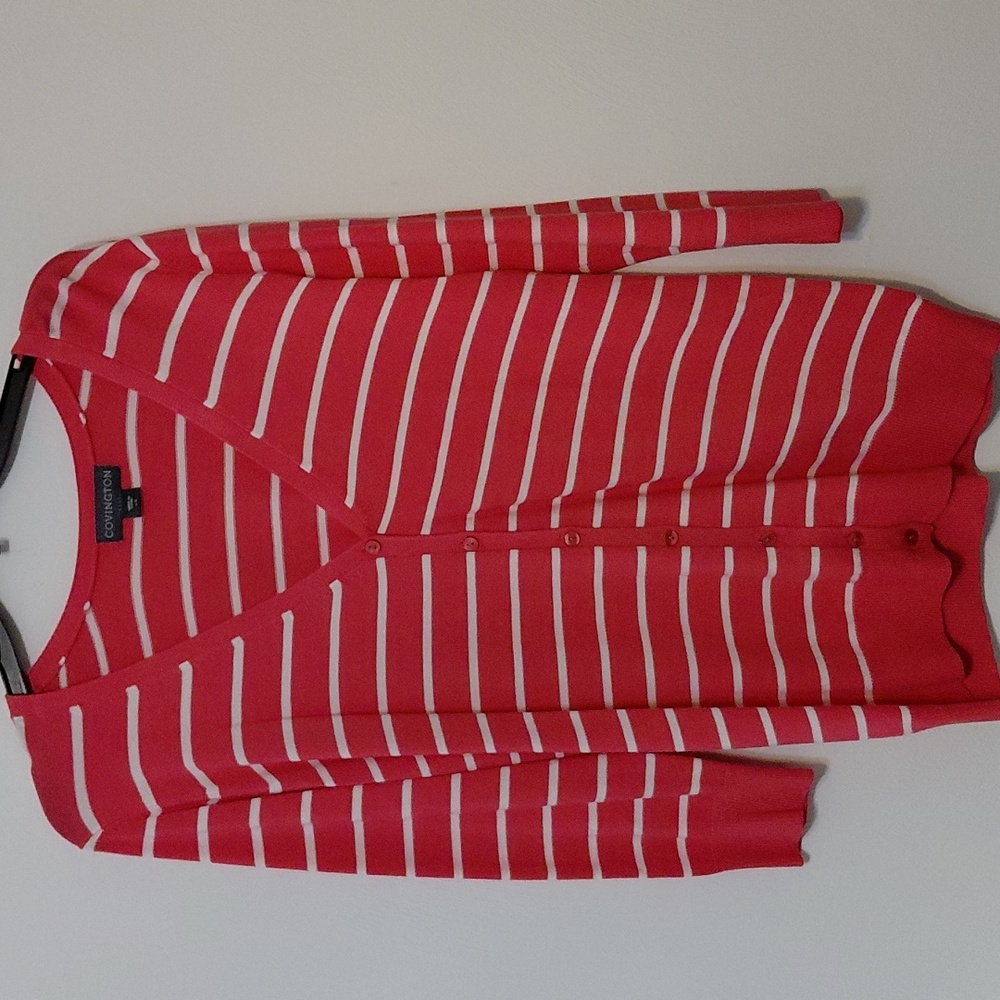 COVINGTON Women's Pink & White Stripe Button Down Cardigan Sweater - Large